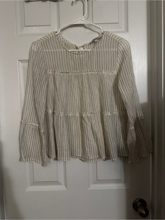 Madewell Tops - Madewell Cream Blouse with Thin Black Stripes and Ruffle Tiers